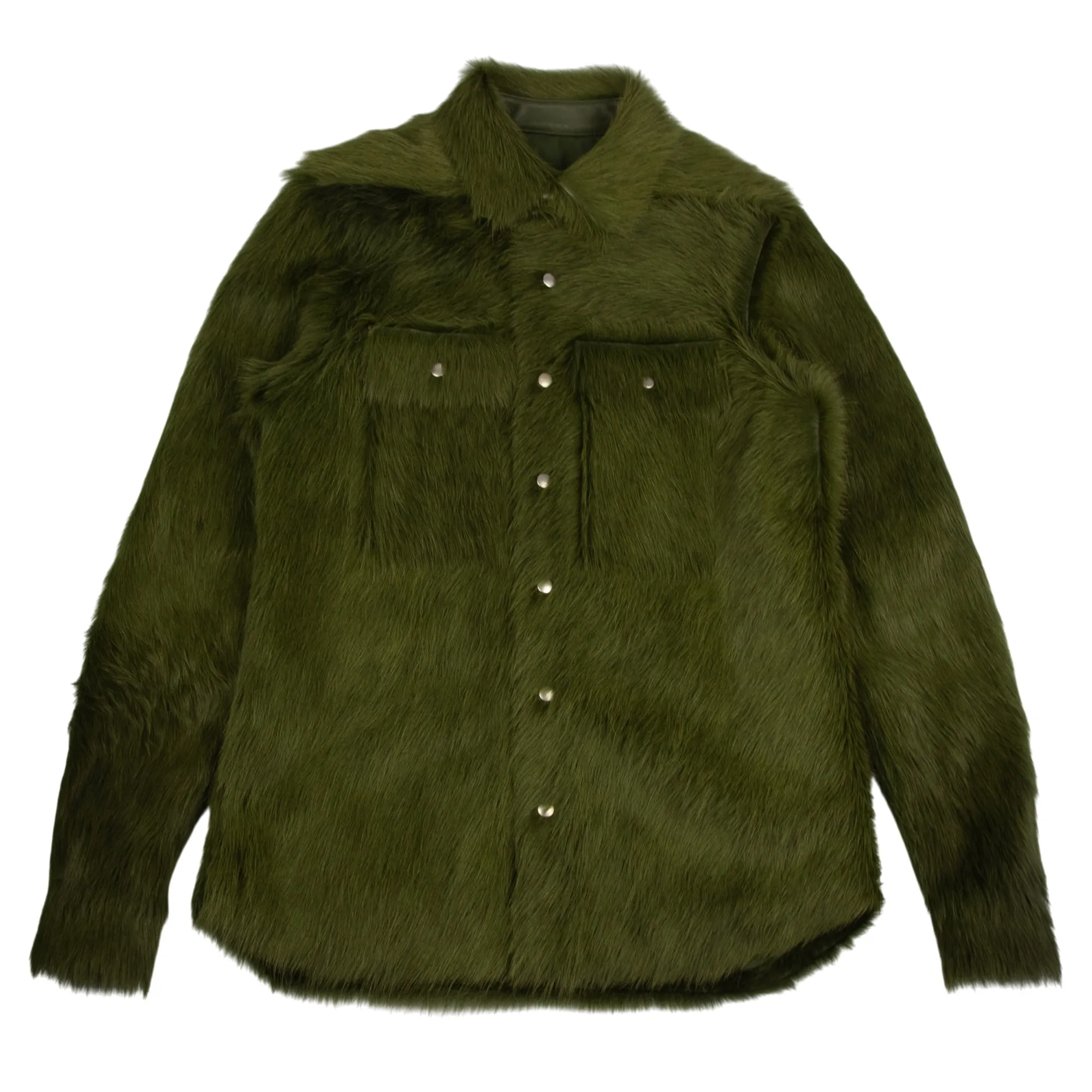 Dolce and Gabbana Rodeo leather jacket in green long haired fur with snap buttons and chest pockets
